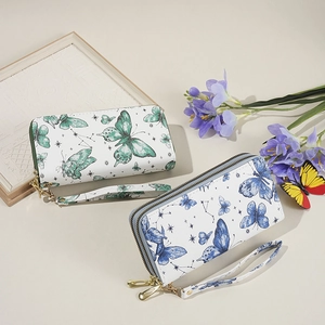 Women Long Wallet Double Zipper PU Leather Butterfly Constellation Print Clutch Bag With Wristlet Strap Large Capacity