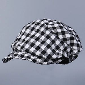 Vintage Plaid Newsboy Cap Linen Cotton Breathable Checkered Beret Hat For Women Retro Adjustable Elastic