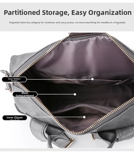 Detailed top view of the spacious inner compartments and interior pockets of the grey backpack