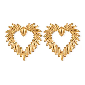 Hollow Heart Stud Earrings Titanium Steel Gold Plated Minimalist Ribbed Texture Architectural Style For Women
