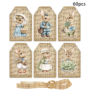 Detailed set of 60 vintage Easter gift tags with rabbit illustrations and jute twine