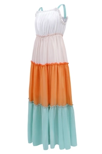 Robe longue bohème à plusieurs niveaux et fines bretelles en blanc, rose, orange et vert
