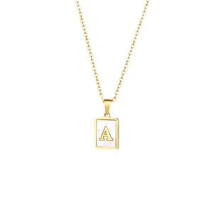 Minimalist gold square pendant necklace with shell background and letter A detail
