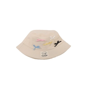 Beige kids sun bucket hat with colorful bows and vintage style patch detail