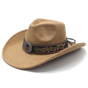 Detail of tan suede cowboy hat featuring embroidered floral band and bull-themed buckle