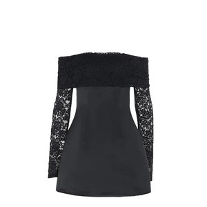 Elegantes schwarzes schulterfreies Spitzenkleid mit langen Ärmeln und Satin-Rock