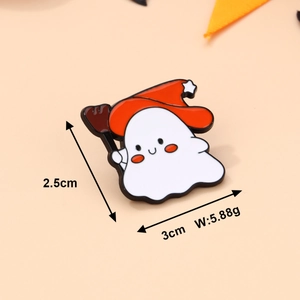 Detail view of cartoon ghost enamel pin showing 3cm x 2.5cm size and 5.88g weight