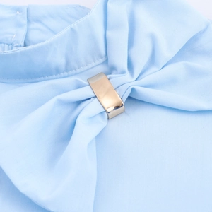 Light blue long sleeve blouse featuring an elegant bow neckline with a gold buckle