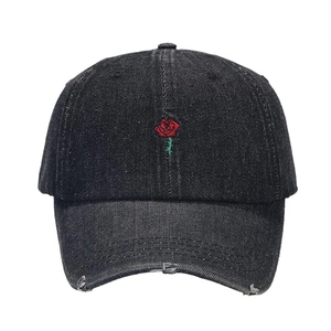 Denim baseball cap with rose embroidery and distressed brim in black washed finish