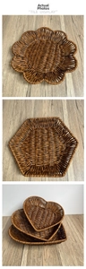 Three-piece dark brown woven snack basket set in heart, petal, and hexagon shapes