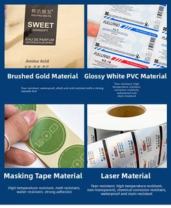 Detail of waterproof tear-resistant labels in brushed gold, PVC, washi and laser finishes