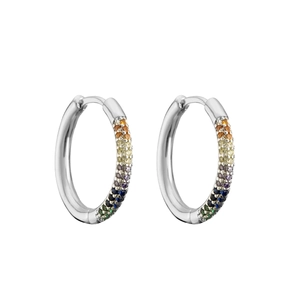 Rainbow huggie earrings with gradient zircon stones in polished silver finish
