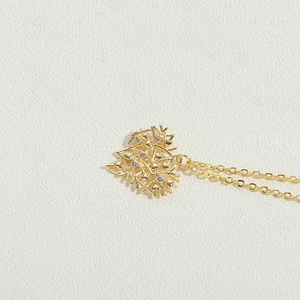 14K gold-plated heart pendant necklace with branch details and zircon stones