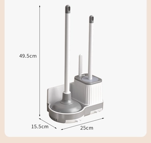 Dettaglio dimensioni del set scopino e stantuffo WC da 49,5 cm con base grigia e bianca