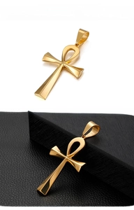 Detailed views of a gold Ancient Egyptian Ankh cross pendant in polished finish
