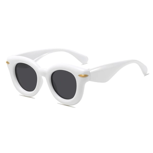 Fashionable white thick-framed round sunglasses with dark grey lenses and gold accents