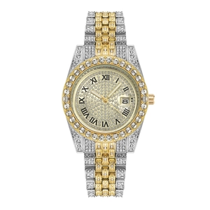 Two-tone gold and silver ladies watch with crystal encrusted dial and date display