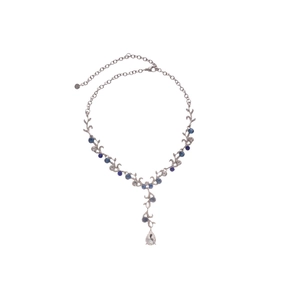 Silver vine necklace with blue gemstone flowers and teardrop pendants on white background