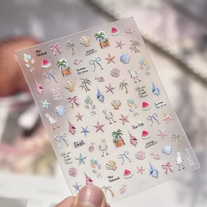 Detail view of summer beach relief nail stickers with shells and coconut trees TO-5116