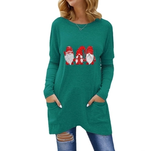 Green long sleeve Christmas gnome print T-shirt for women with functional side pockets