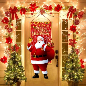 Outdoor Merry Christmas door banner featuring Santa Claus with a golden bell on red fabric