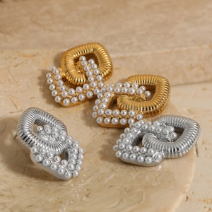 Double-layered square pearl drop earrings with spiral metal texture in gold and silver