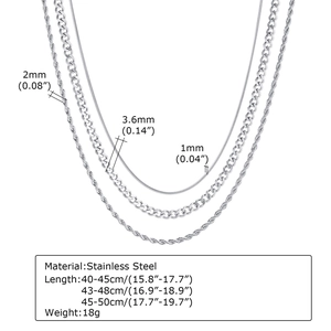 Detail view of 3-layer stainless steel necklace set showing rope, curb and snake chain