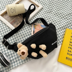 Canvas waist bag with 3D teddy bear decoration and adjustable nylon strap for women
