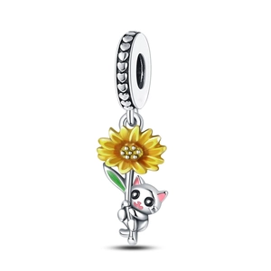 Detailed view of a silver sunflower charm with a cute white cat and yellow enamel accents