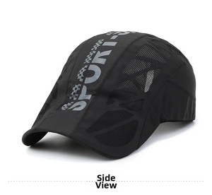 Detail of breathable diamond mesh and Sport-S logo on black outdoor flat cap