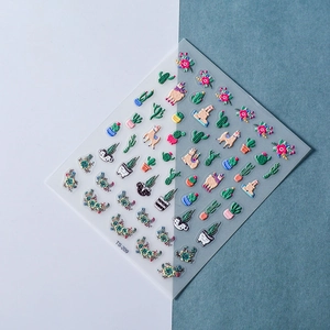 Macro detail of 5D embossed nail stickers featuring green cacti and alpaca textures