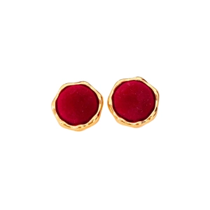 Vintage deep red velvet stud earrings with irregular gold-plated metal borders