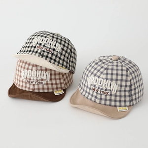 Kids plaid baseball caps with Brooklyn embroidery in black, brown and blue patterns