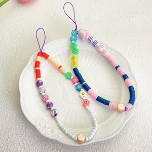 Handmade colorful bead mobile phone chains with clay discs and smiley flower beads