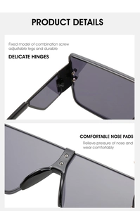 Detail of square oversized sunglasses showing durable screw hinges and comfy nose pads