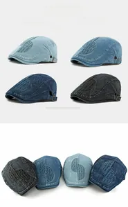 Detail view of denim beret hats with side metal buckles and breathable mesh patchwork