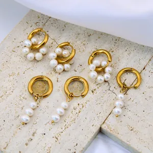 Baroque freshwater pearl hoop earrings in gold plated finish for elegant women