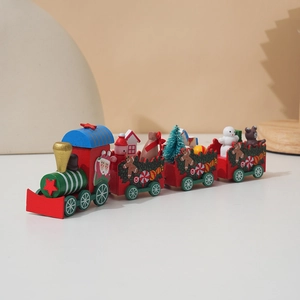 Detail of wooden Christmas train toy featuring hand-painted Santa and gift box cars