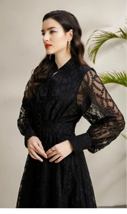 Detailed view of the sheer black lace sleeves and sophisticated stand collar design