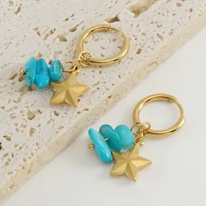 Orecchini A Cerchio Acciaio Inossidabile Placcato Oro 18K Pietra Turchese Naturale Ciondolo Stella Bohemien Vintage Donna