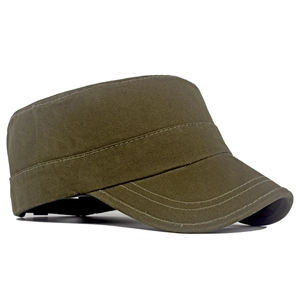 Detail of olive green cotton cadet hat featuring reinforced stitching and curved brim