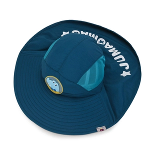 Breathable kids sun hat with neck protection and dinosaur badge in deep blue color