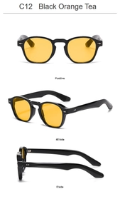 Three-angle views of round black sunglasses with orange tea lenses and metal stud detail