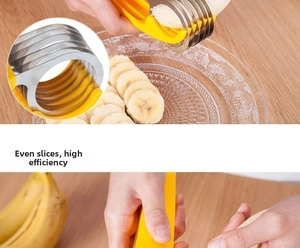 Detail of stainless steel banana slicer blades showing uniform fruit cutting process