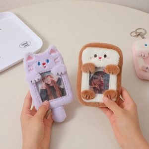 Plush cartoon photo card holders in purple cat and brown toast styles with clear PVC window