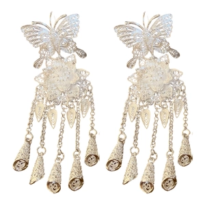 Elegant hollow butterfly flower earrings with fringe tassels in silver finish for women