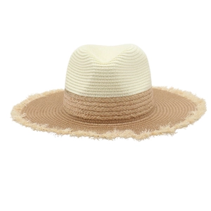 Two-tone woven straw sun hat with fringe brim and hollow design for beach summer vacation