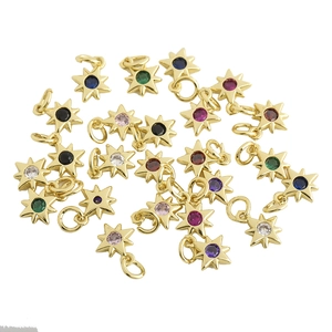 Star-shaped colorful zircon pendants with gold-plated metal base and hanging loops