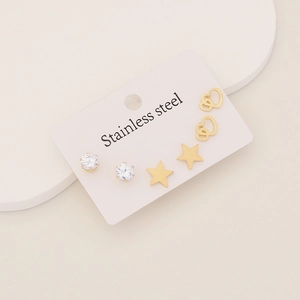 Detailed set of 3 pairs of stainless steel earrings featuring heart, star, and zircon studs
