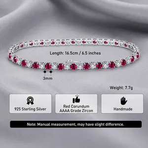 Handmade 925 sterling silver tennis bracelet with 3mm red corundum and 4A cubic zirconia